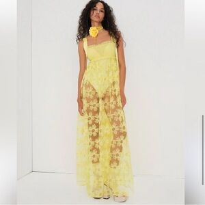 For Love & Lemons Yellow Maxi Floral Overlay Cottagecore Formal Dress XS